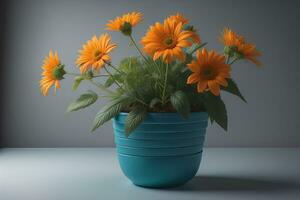Flowers in a pot on a solid color background. ai generative photo