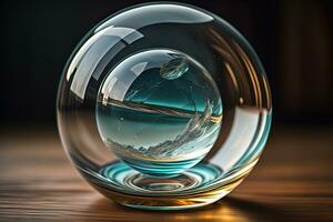 Transparent crystal ball on a wooden table. ai generative photo