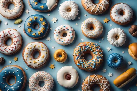 Variety of donuts on a solid color background. Top view. ai generative photo