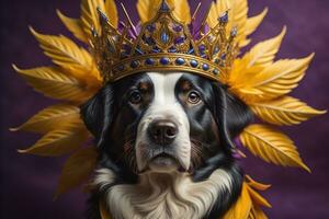 Portrait of a cute dog in a golden crown on a solid color background. ai generative photo