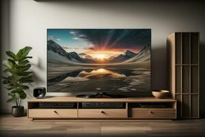 TV on the wooden cabinet in modern living room. ai generative photo