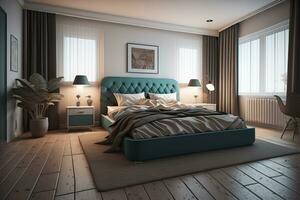 Modern bedroom interior design with gray walls, wooden floor, comfortable king size bed with two pillows. ai generative photo