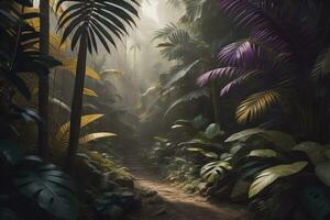 A pathway in tropical rainforest with palm trees and path in the mist. ai generative photo