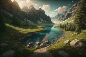 Beautiful fantasy landscape with a river in the mountains. ai generative photo