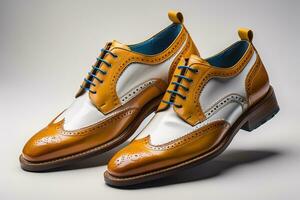 Men's shoes on a solid colour background. Studio shot. ai generative photo
