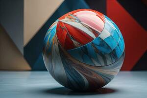 Colorful marble ball on a solid colour background. Close-up. ai generative photo