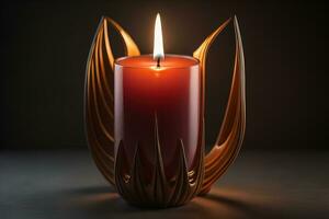 Burning aroma candle on wooden table against solid color background, copyspace. ai generative photo