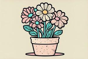 Illustration of a flowerpot with pink and blue flowers on a gray background. ai generative photo