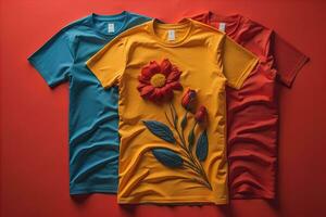 Colorful t-shirts in front of dark background. ai generative photo