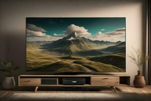 TV on the wooden cabinet in modern living room. ai generative photo