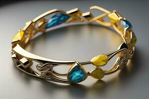Jewelry Bracelet with precious stones on a gray background. Studio shot. ai generative photo