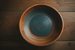 Empty wooden bowl on wooden background. Top view. Copy space. ai generative photo