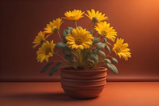 Flowers in a pot on a solid color background. ai generative photo
