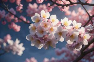 cherry blossom sakura flower on blue sky background, ai generative photo