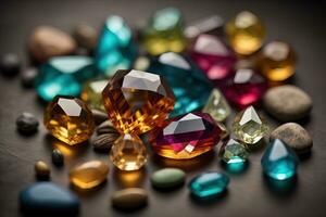 Colorful gemstones on black wooden table, close-up. ai generative photo