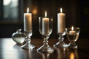 Burning candles in glasses on wooden table, closeup. Space for text. ai generative photo