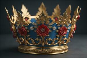 low key image of beautiful golden queen, king crown. ai generative photo