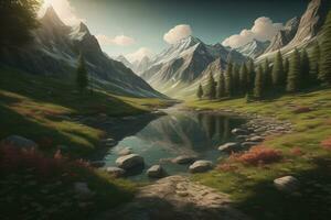 Beautiful fantasy landscape with a river in the mountains. ai generative photo
