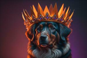 retrato de un linda perro en un dorado corona en un sólido color antecedentes. ai generativo foto