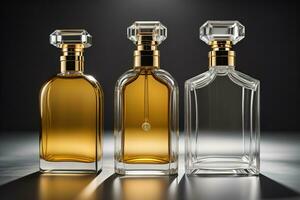 Creative and brandless Perfume bottle and flower on the wooden table, closeup. ai generative photo
