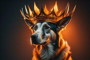 Portrait of a cute dog in a golden crown on a solid color background. ai generative photo