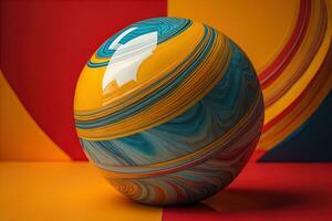 Colorful marble ball on a solid colour background. Close-up. ai generative photo