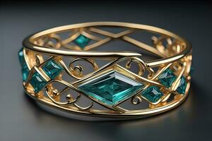 Jewelry Bracelet with precious stones on a gray background. Studio shot. ai generative photo