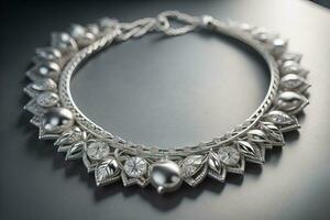 Silver necklace on a solid color background in close-up. ai generative photo