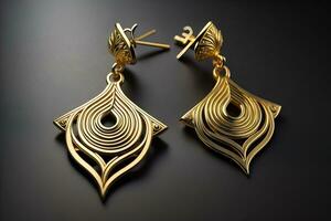 Earrings made of gold on a solid color background close up. ai generative photo