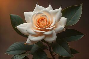 White rose with green leaves on a solid color background, top view. ai generative photo