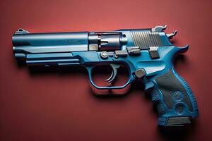 Semi-automatic handgun on a solid color background. Close-up. ai generative photo