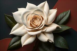 White rose with green leaves on a solid color background, top view. ai generative photo
