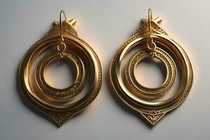 Earrings made of gold on a solid color background close up. ai generative photo