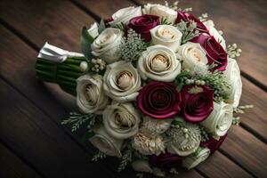 Beautiful bridal bouquet of different flowers on a dark background. ai generative photo