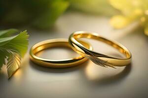Wedding rings with feathers on a dark background close-up. ai generative photo