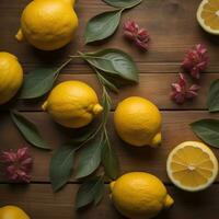 Lemons with leaves on a wooden table. ai generative photo