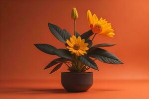 Flowers in a pot on a solid color background. ai generative photo