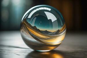 Transparent crystal ball on a wooden table. ai generative photo