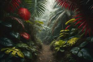 A pathway in tropical rainforest with palm trees and path in the mist. ai generative photo