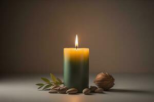 Burning aroma candle on wooden table against solid color background, copyspace. ai generative photo