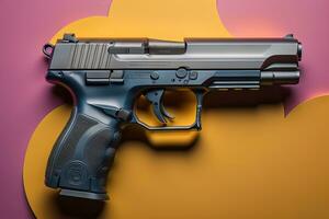 Semi-automatic handgun on a solid color background. Close-up. ai generative photo