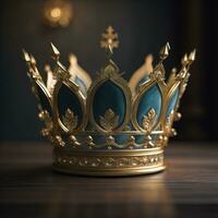 low key image of beautiful golden queen, king crown. ai generative photo