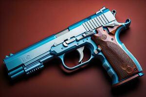 Semi-automatic handgun on a solid color background. Close-up. ai generative photo