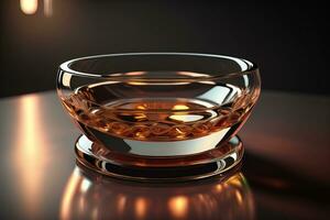 Empty glossy transparent ashtray on a dark background. ai generative photo