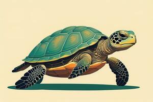 ilustración de un Tortuga en un verde antecedentes en dibujos animados estilo. ai generativo foto