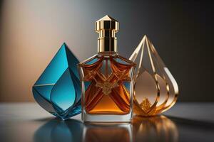 Creative and brandless Perfume bottle and flower on the wooden table, closeup. ai generative photo