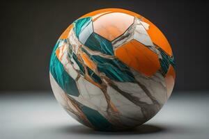 Colorful marble ball on a solid colour background. Close-up. ai generative photo