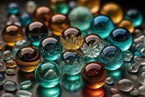 Colorful glass marbles on a the table. Selective focus. ai generative photo