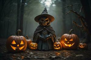 Halloween pumpkins in the forest at night. Halloween concept. ai generative photo