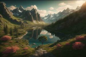 Beautiful fantasy landscape with a river in the mountains. ai generative photo